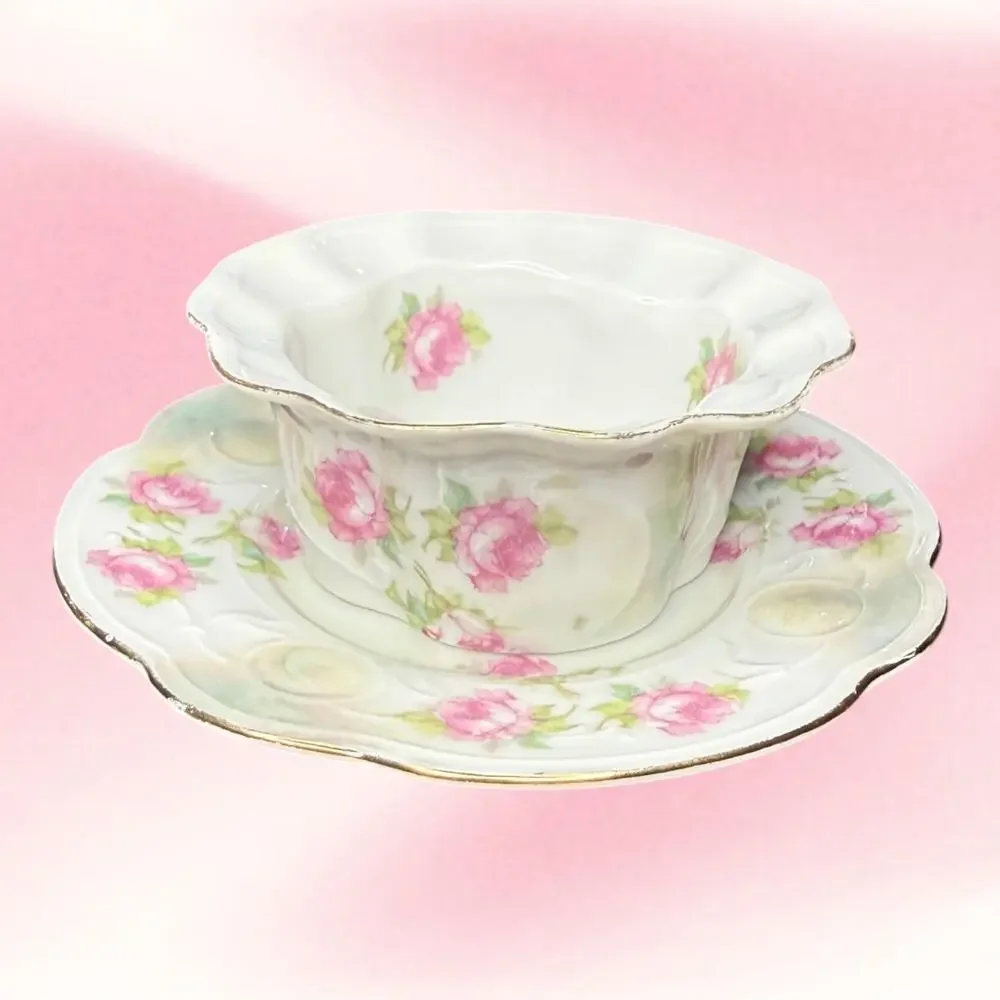 Antique MZ Austria Pink Rose Ramekin Custard Cup Underplate Gold Scalloped